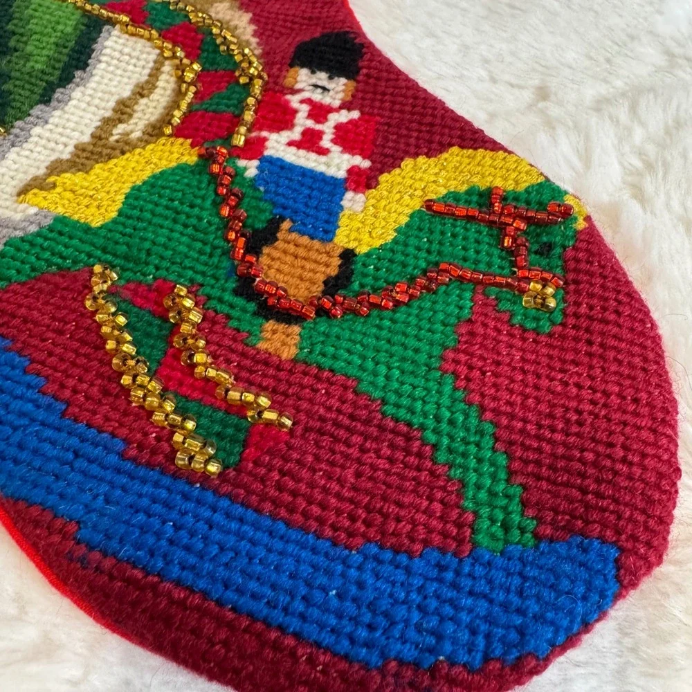 Vintage Needlepoint Christmas Stockings Set of 2 Angel Santa Beaded Red Green